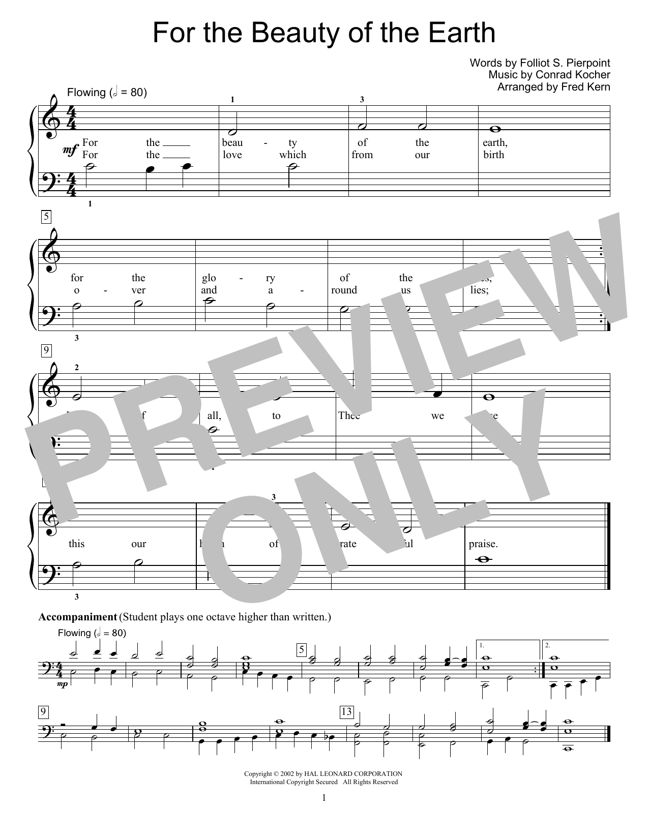 Folliot S. Pierpoint For The Beauty Of The Earth (arr. Fred Kern) sheet music notes and chords arranged for Educational Piano