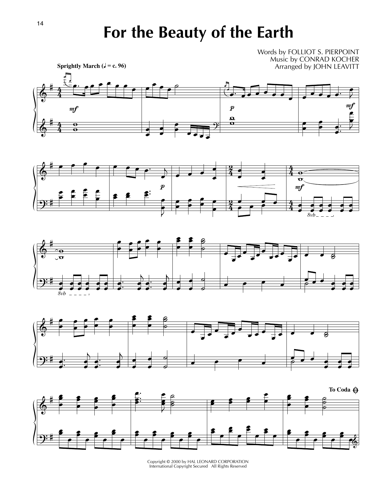 Folliot S. Pierpoint For The Beauty Of The Earth (arr. John Leavitt) sheet music notes and chords arranged for Piano Solo