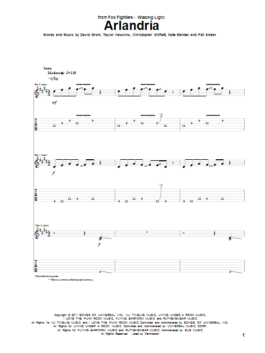 Foo Fighters Arlandria sheet music notes and chords arranged for Guitar Tab