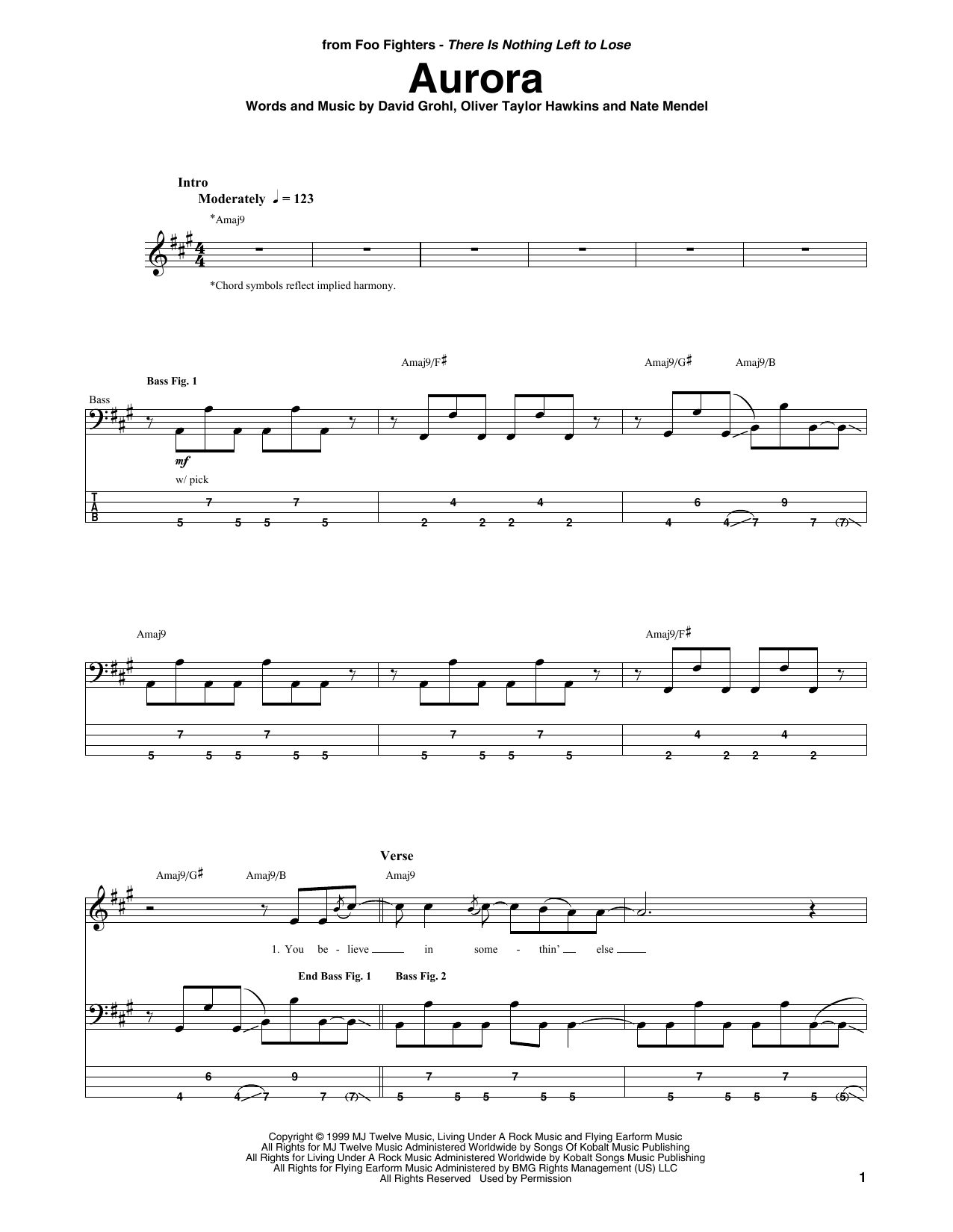 Foo Fighters Aurora sheet music notes and chords arranged for Bass Guitar Tab
