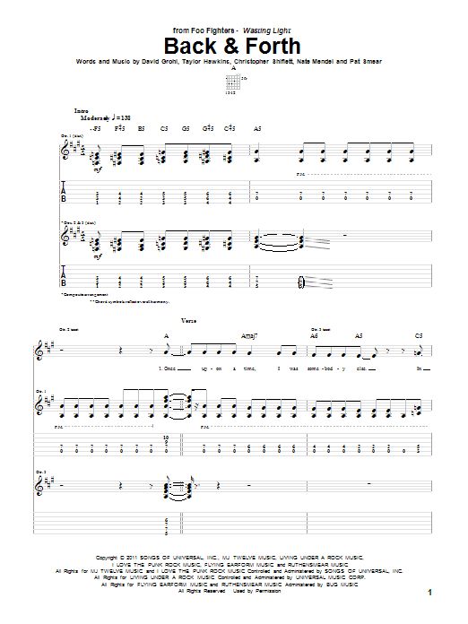 Foo Fighters Back & Forth sheet music notes and chords arranged for Guitar Tab