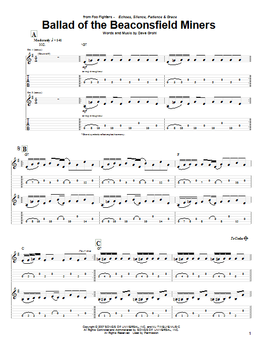 Foo Fighters Ballad Of The Beaconsfield Miners sheet music notes and chords arranged for Guitar Tab
