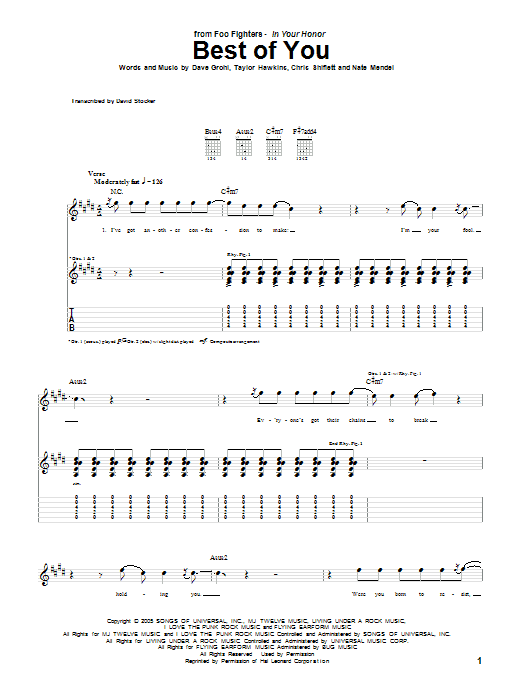 Foo Fighters Best Of You sheet music notes and chords arranged for Easy Guitar Tab