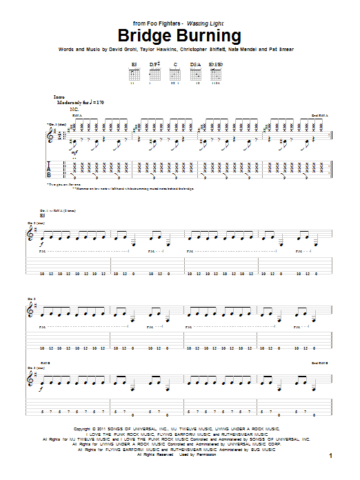 Foo Fighters Bridge Burning sheet music notes and chords arranged for Guitar Tab