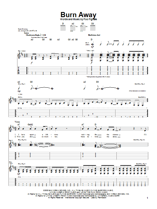 Foo Fighters Burn Away sheet music notes and chords arranged for Guitar Tab