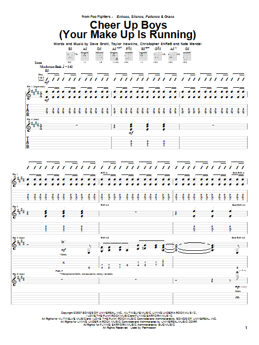 Foo Fighters Cheer Up Boys (Your Make Up Is Running) sheet music notes and chords arranged for Guitar Tab