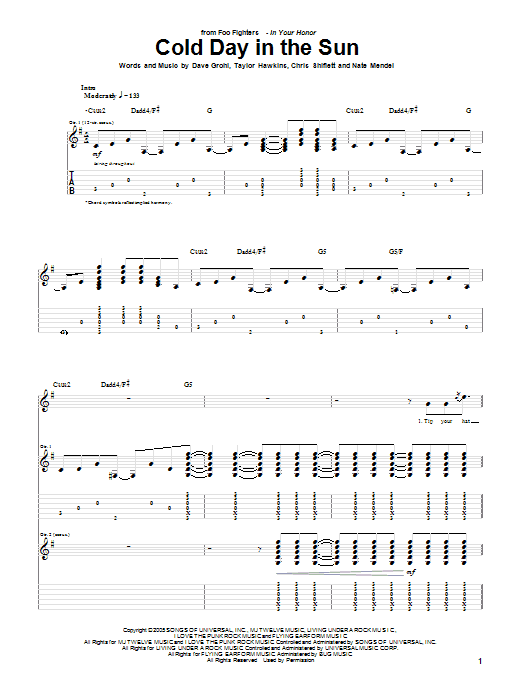 Foo Fighters Cold Day In The Sun sheet music notes and chords arranged for Guitar Tab