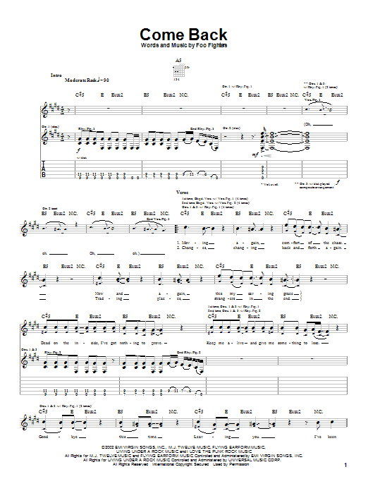 Foo Fighters Come Back sheet music notes and chords arranged for Guitar Tab