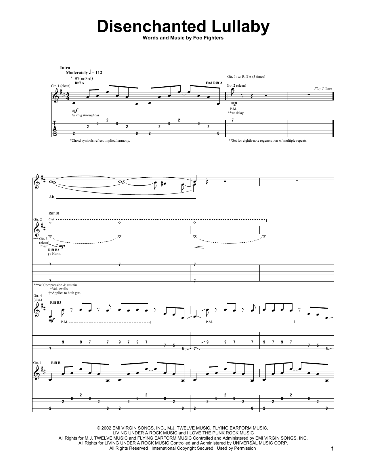 Foo Fighters Disenchanted Lullaby sheet music notes and chords arranged for Guitar Tab