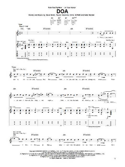 Foo Fighters DOA sheet music notes and chords arranged for Bass Guitar Tab