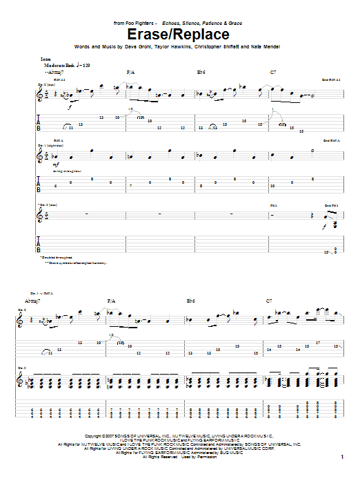 Foo Fighters Erase/Replace sheet music notes and chords arranged for Guitar Tab
