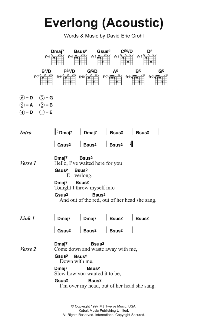 Foo Fighters Everlong (Acoustic version) sheet music notes and chords arranged for Guitar Chords/Lyrics