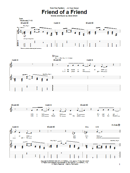 Foo Fighters Friend Of A Friend sheet music notes and chords arranged for Guitar Tab