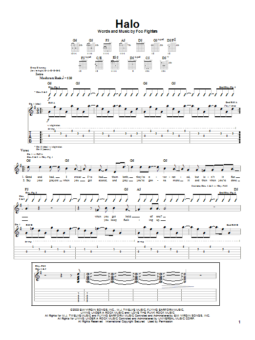 Foo Fighters Halo sheet music notes and chords arranged for Guitar Tab