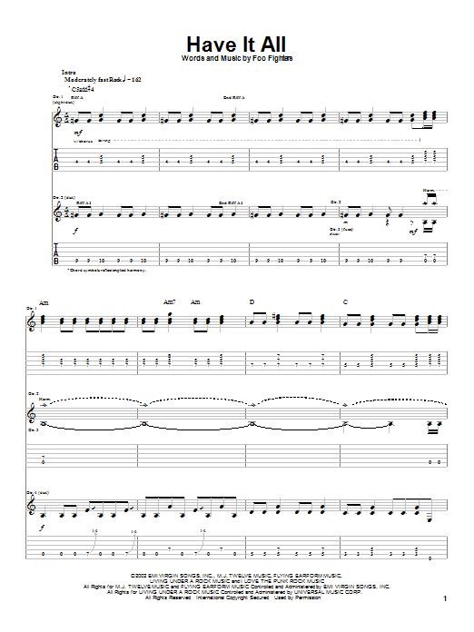 Foo Fighters Have It All sheet music notes and chords arranged for Guitar Tab