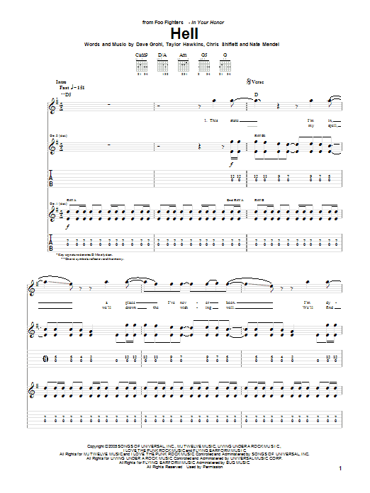 Foo Fighters Hell sheet music notes and chords arranged for Guitar Tab