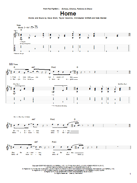 Foo Fighters Home sheet music notes and chords arranged for Guitar Tab