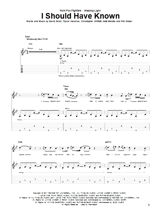 Foo Fighters I Should Have Known sheet music notes and chords arranged for Guitar Tab