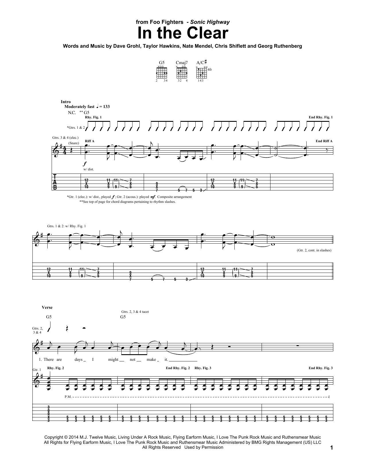 Foo Fighters In The Clear sheet music notes and chords arranged for Guitar Tab