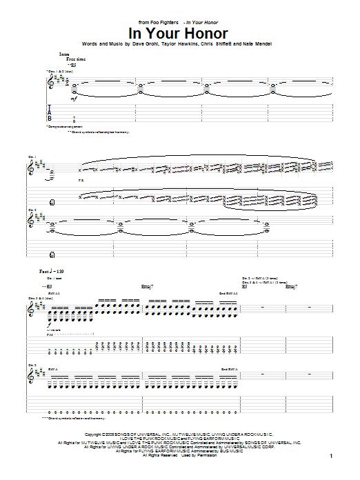 Foo Fighters In Your Honor sheet music notes and chords arranged for Guitar Tab