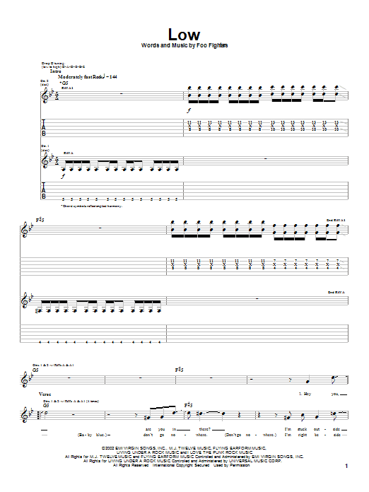 Foo Fighters Low sheet music notes and chords arranged for Guitar Tab