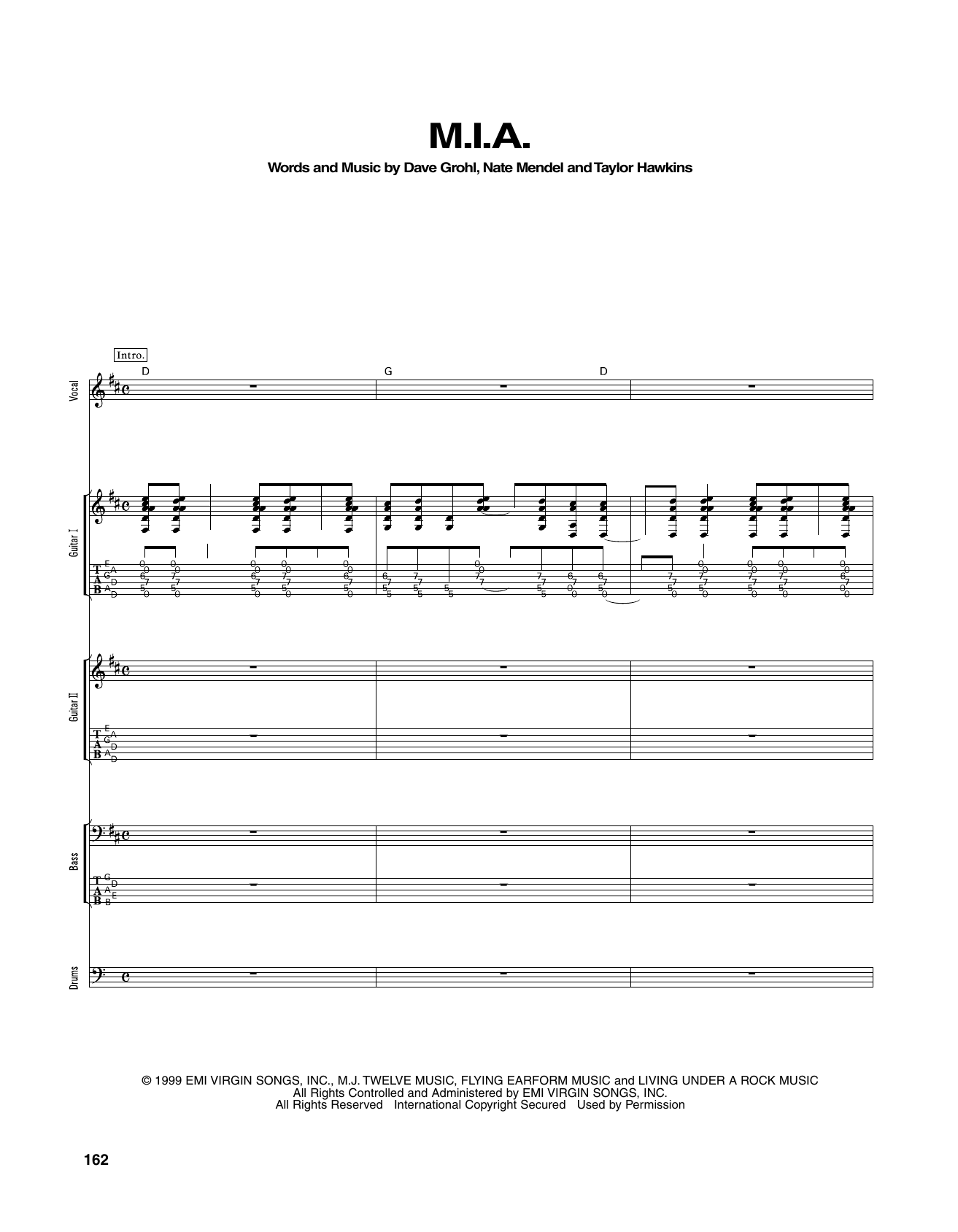 Foo Fighters M.I.A. sheet music notes and chords arranged for Transcribed Score