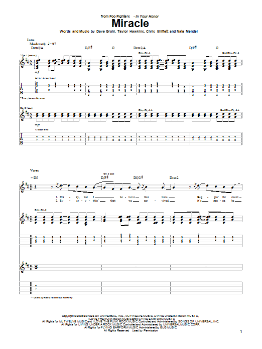 Foo Fighters Miracle sheet music notes and chords arranged for Guitar Tab
