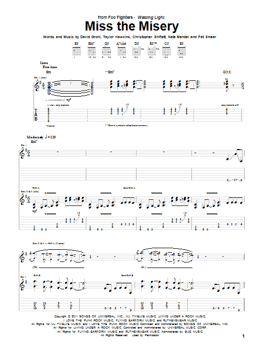 Foo Fighters Miss The Misery sheet music notes and chords arranged for Guitar Tab