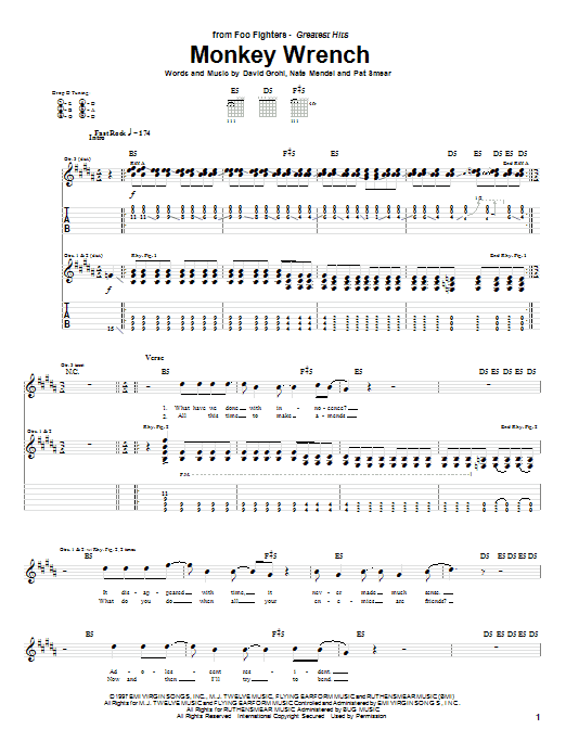 Foo Fighters Monkey Wrench sheet music notes and chords arranged for Guitar Lead Sheet