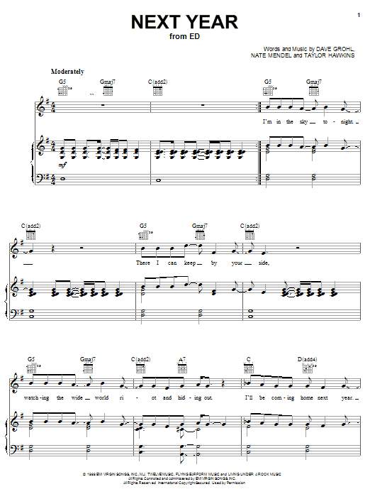 Foo Fighters Next Year sheet music notes and chords arranged for Piano, Vocal & Guitar Chords (Right-Hand Melody)
