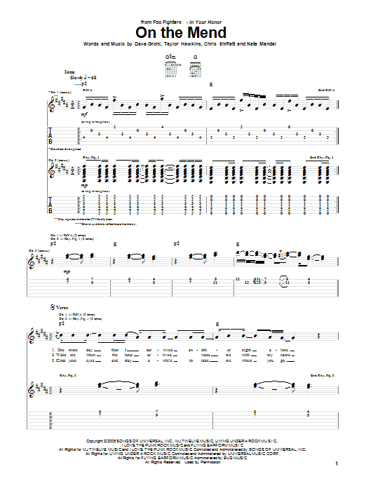 Foo Fighters On The Mend sheet music notes and chords arranged for Guitar Tab