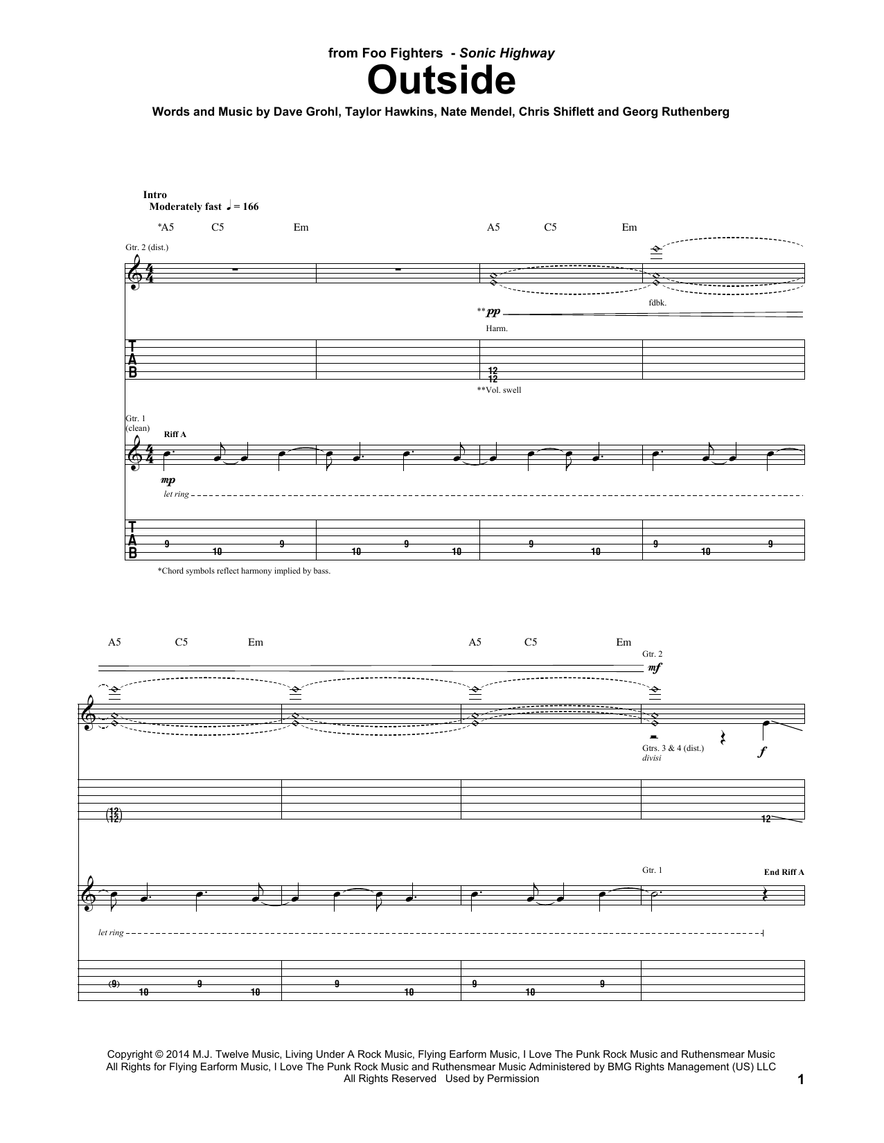 Foo Fighters Outside sheet music notes and chords arranged for Guitar Tab
