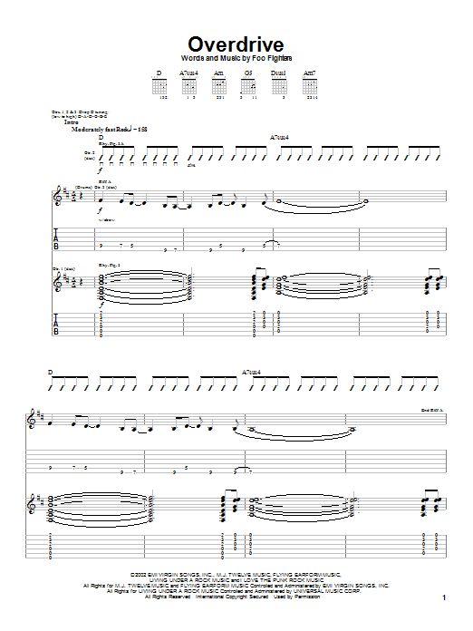Foo Fighters Overdrive sheet music notes and chords arranged for Guitar Tab