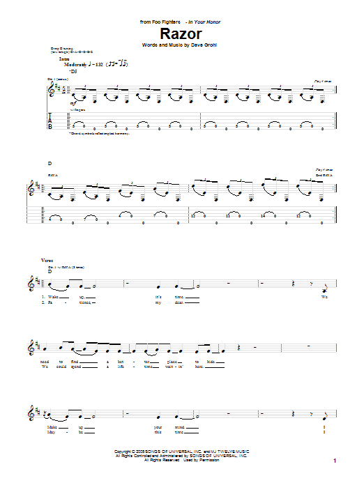 Foo Fighters Razor sheet music notes and chords arranged for Guitar Tab