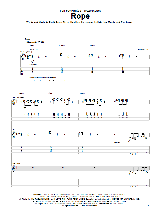 Foo Fighters Rope sheet music notes and chords arranged for Easy Guitar Tab