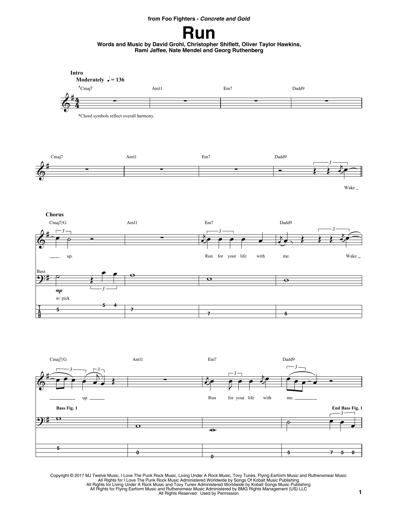 Foo Fighters Run sheet music notes and chords arranged for Bass Guitar Tab