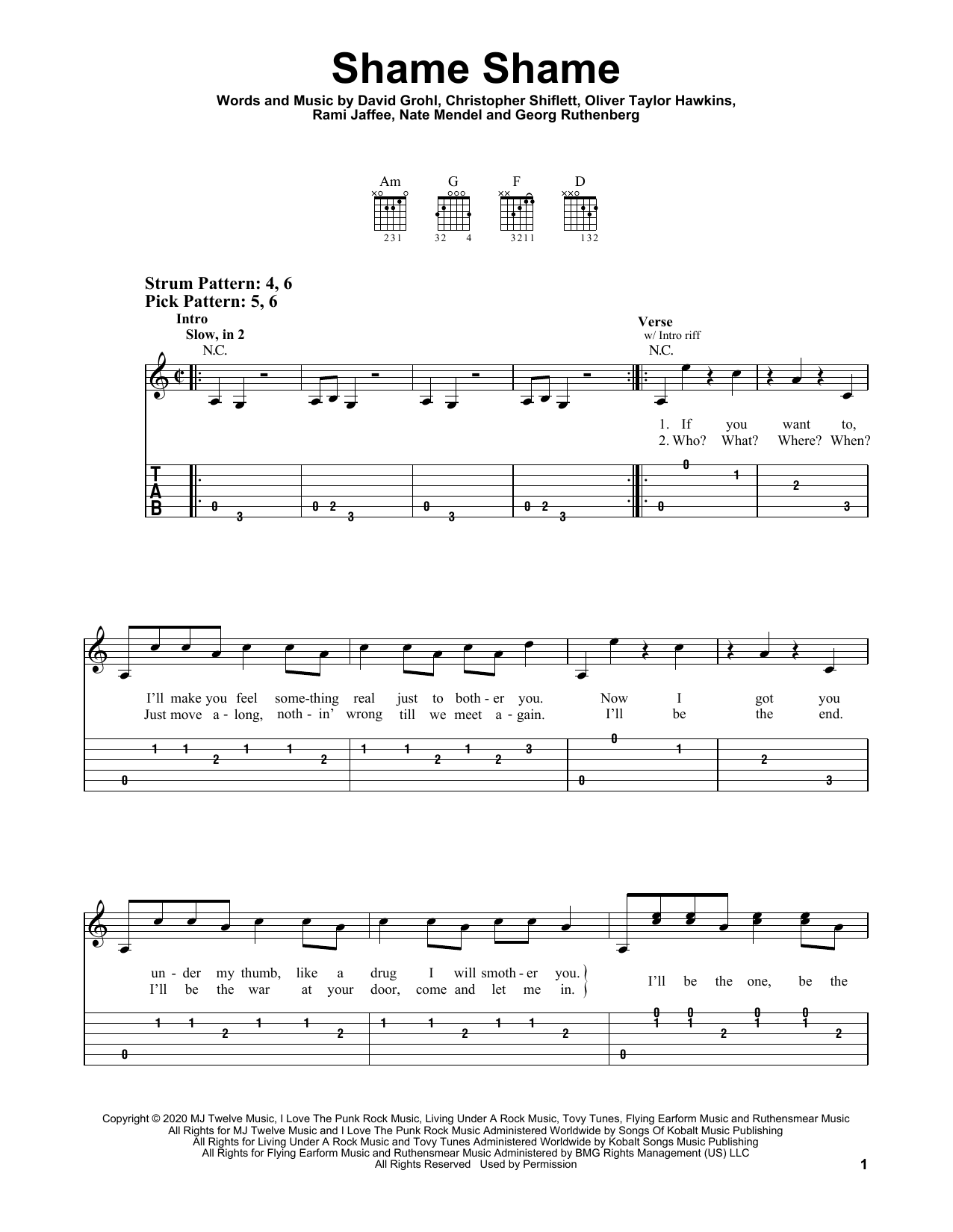 Foo Fighters Shame Shame sheet music notes and chords arranged for Easy Guitar Tab