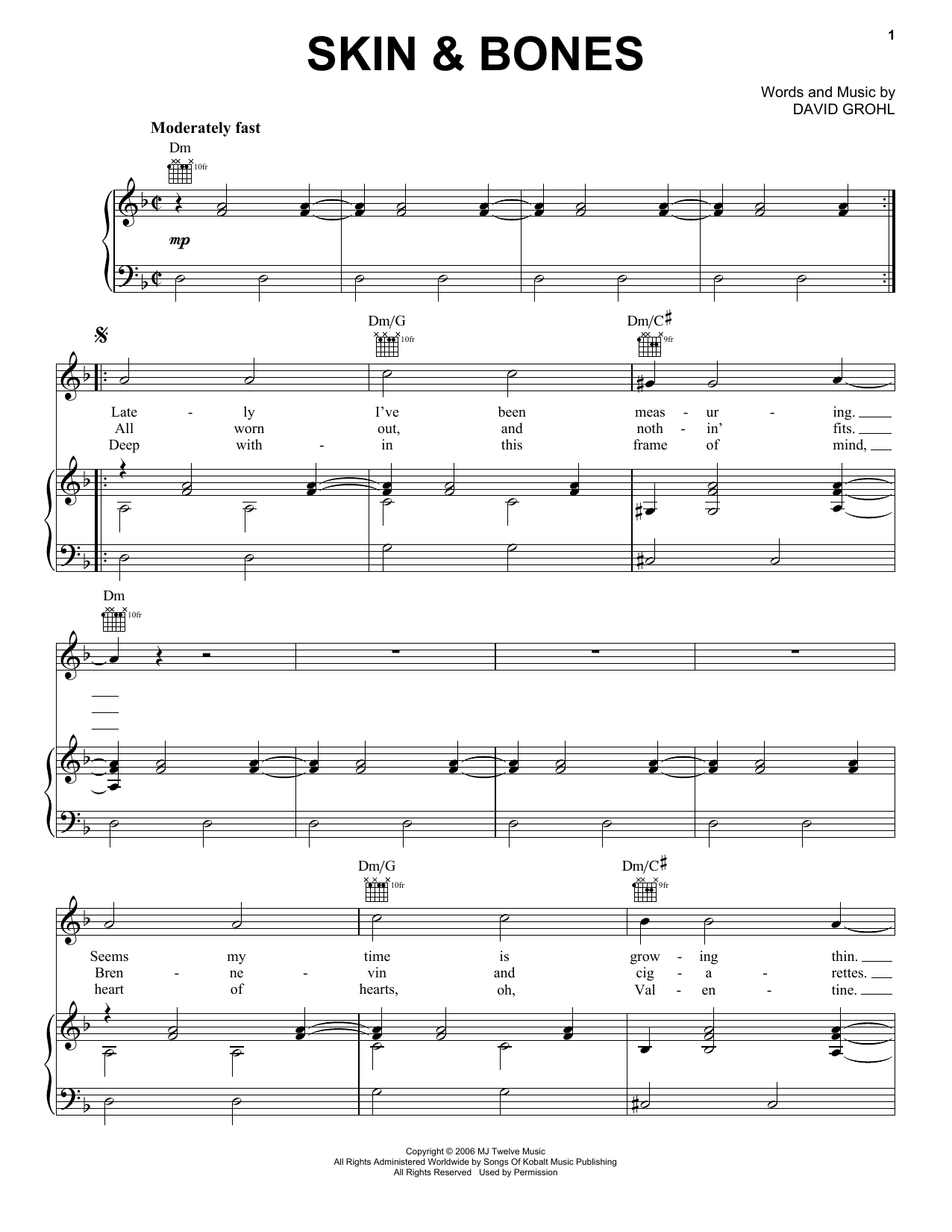 Foo Fighters Skin & Bones sheet music notes and chords arranged for Piano, Vocal & Guitar Chords (Right-Hand Melody)