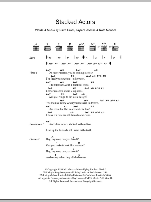 Foo Fighters Stacked Actors sheet music notes and chords arranged for Guitar Chords/Lyrics
