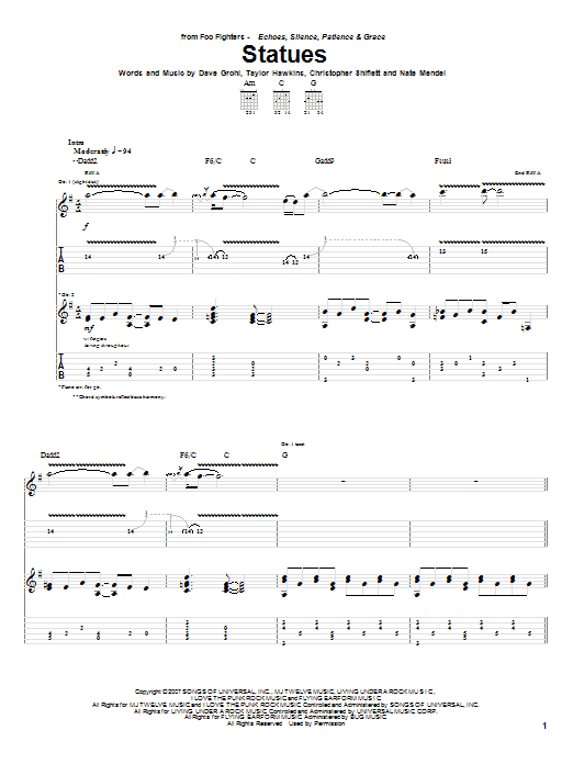 Foo Fighters Statues sheet music notes and chords arranged for Guitar Tab