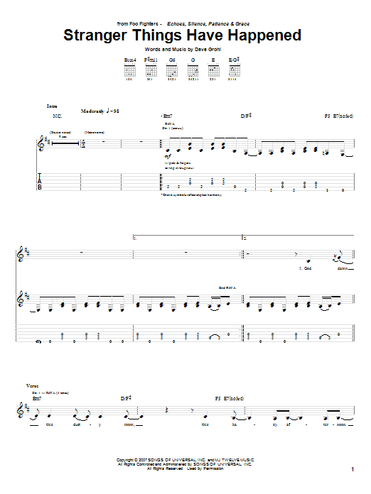 Foo Fighters Stranger Things Have Happened sheet music notes and chords arranged for Guitar Tab