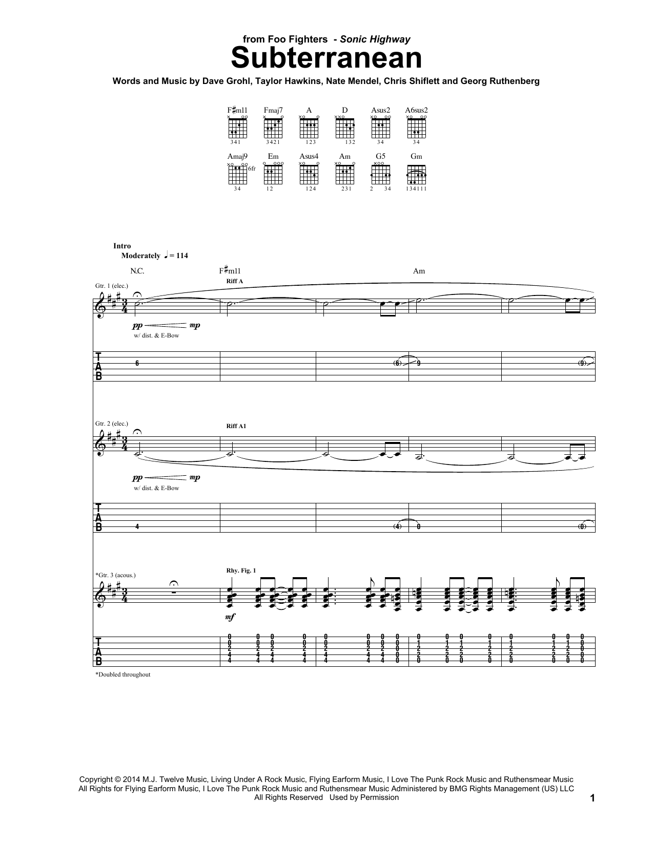 Foo Fighters Subterranean sheet music notes and chords arranged for Guitar Tab
