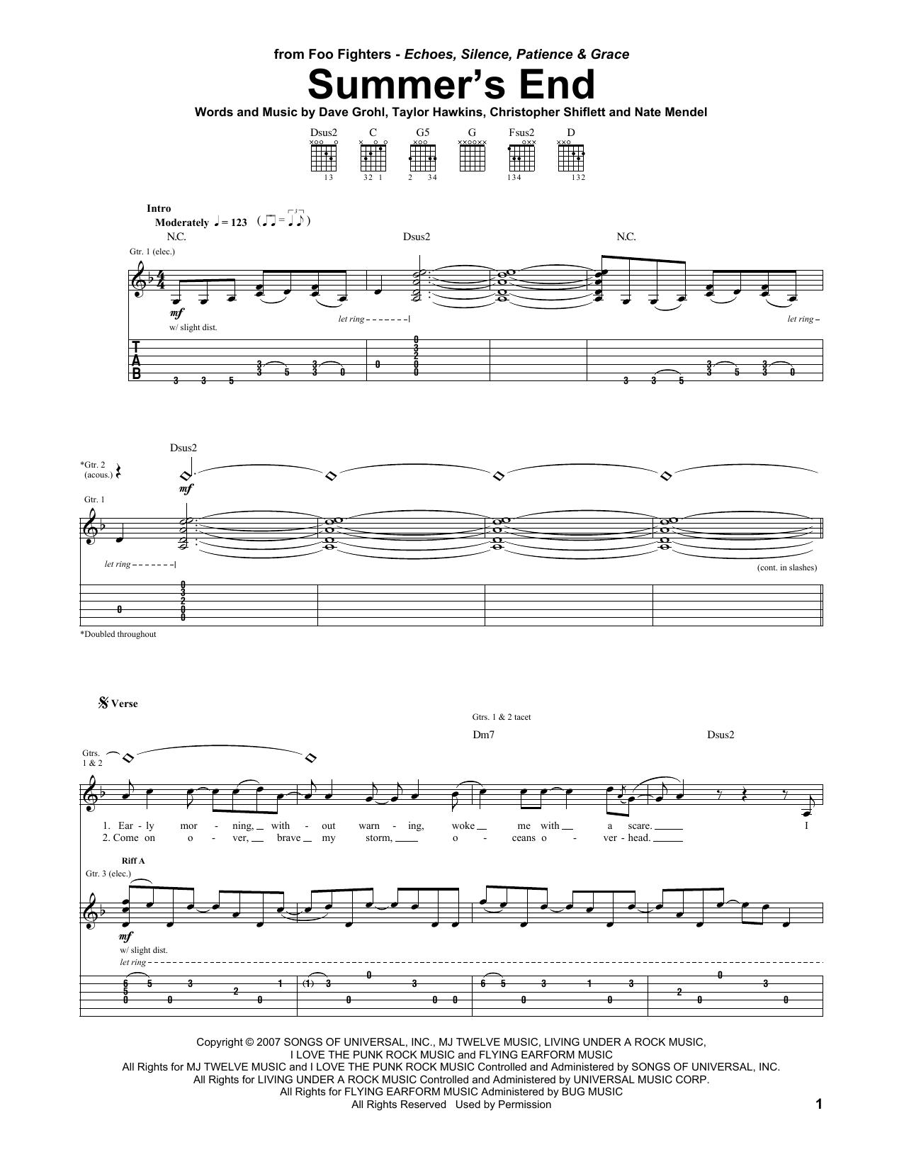 Foo Fighters Summer's End sheet music notes and chords arranged for Guitar Tab