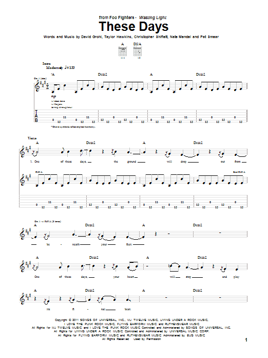 Foo Fighters These Days sheet music notes and chords arranged for Piano, Vocal & Guitar Chords