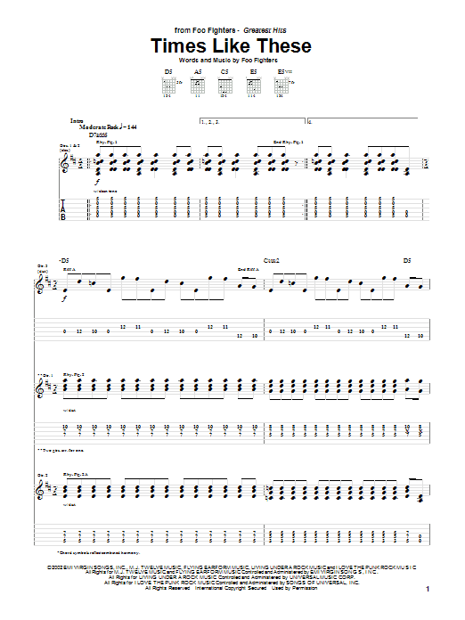 Foo Fighters Times Like These sheet music notes and chords arranged for Piano, Vocal & Guitar Chords (Right-Hand Melody)