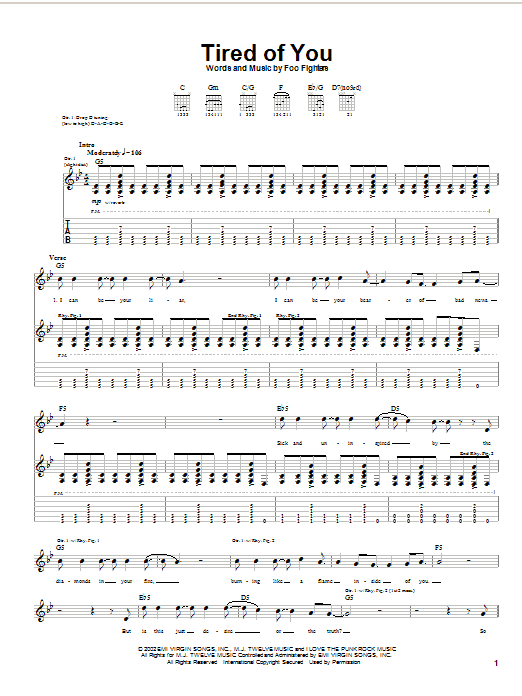 Foo Fighters Tired Of You sheet music notes and chords arranged for Guitar Tab