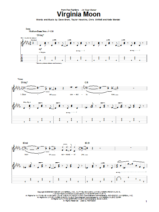 Foo Fighters Virginia Moon sheet music notes and chords arranged for Guitar Tab