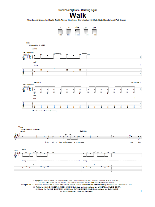 Foo Fighters Walk sheet music notes and chords arranged for Piano, Vocal & Guitar Chords