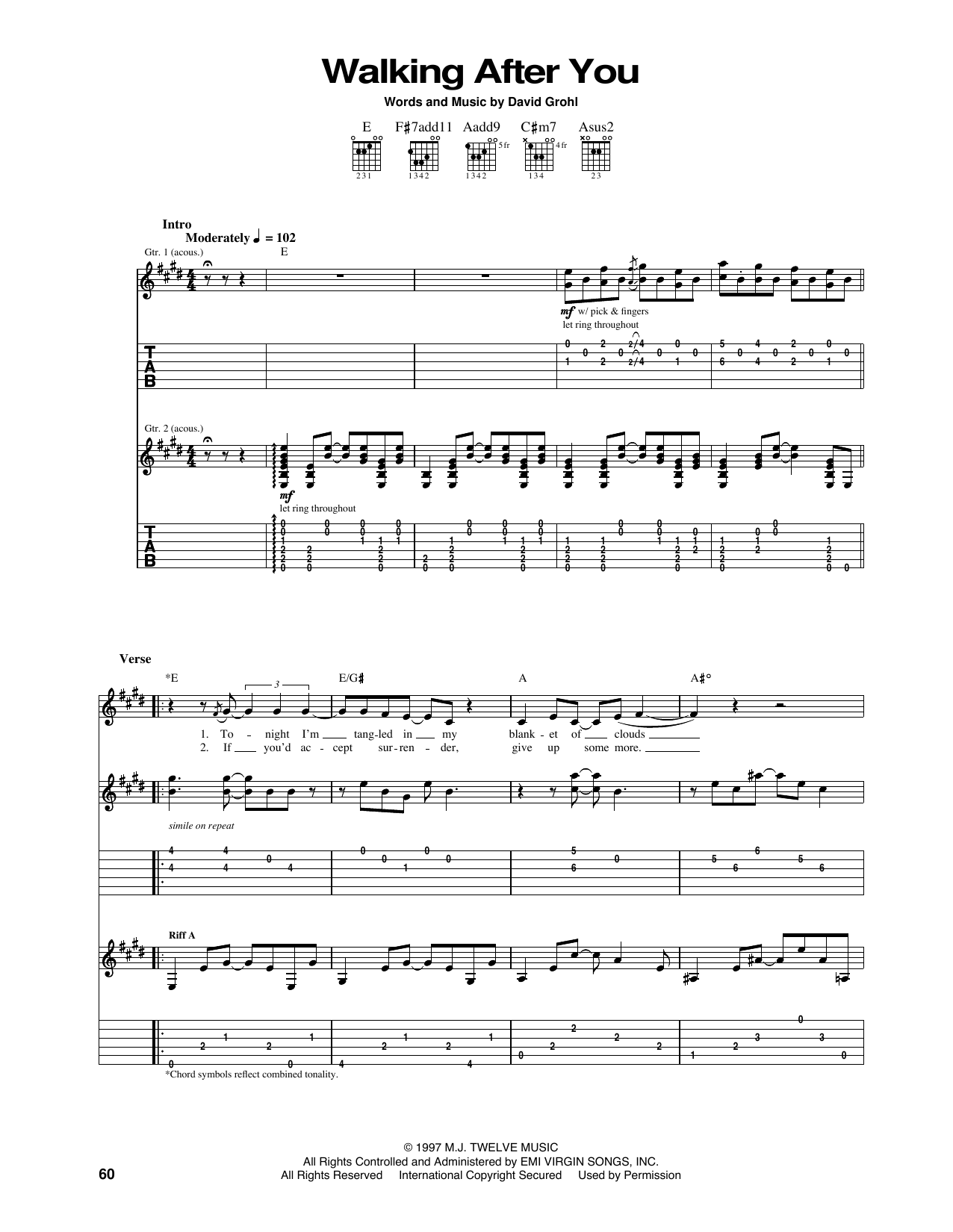 Foo Fighters Walking After You sheet music notes and chords arranged for Guitar Tab