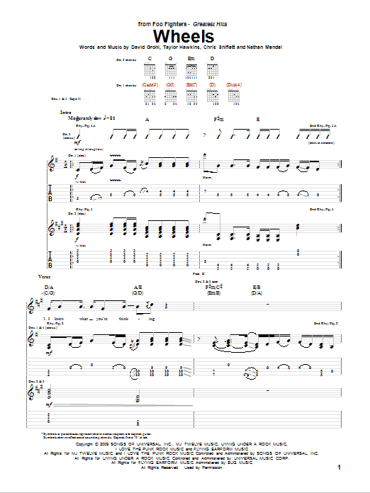 Foo Fighters Wheels sheet music notes and chords arranged for Guitar Tab